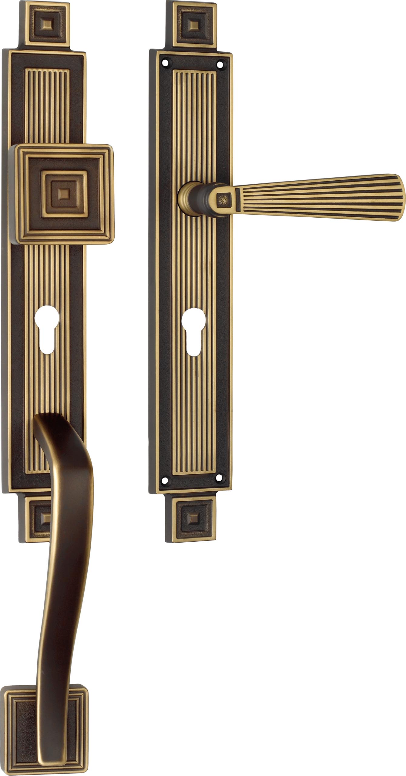 Eingangstürenset: Türklinke (re o. li) + Haustürknauf und Bügelgriff mit Schild art.1055 - Linea Calì